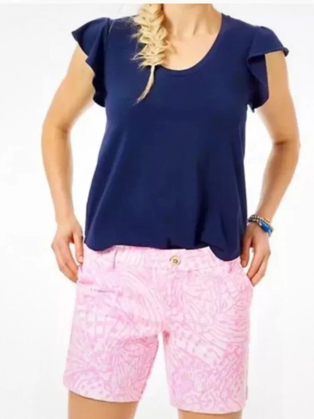 Navy Flutter Sleeve Top with Pink Patterned Shorts